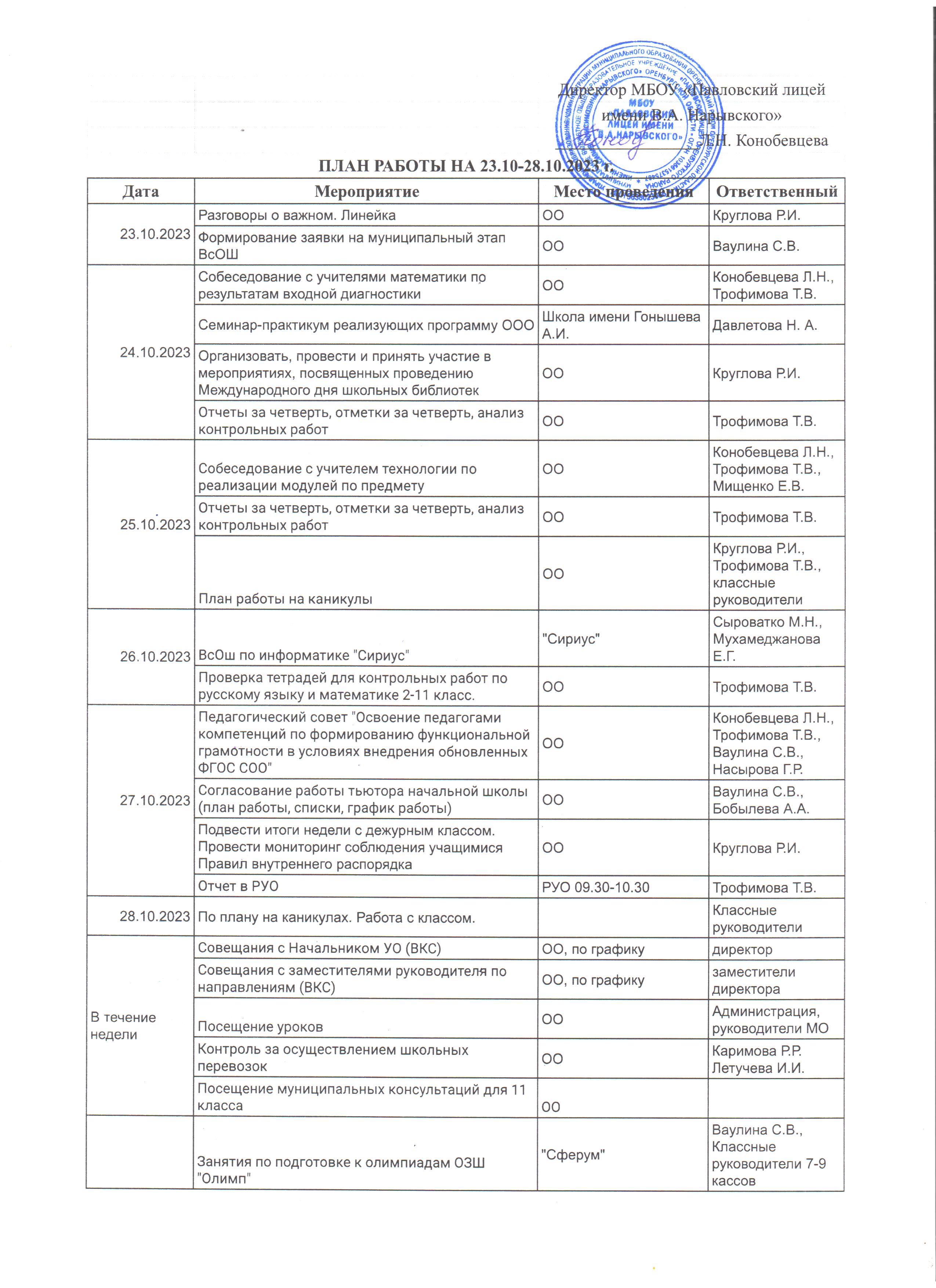 План работы на 23.10 - 29.10. 2023 г..